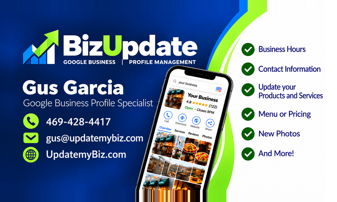 BizUpdate bar-chart arrow logo and wordmark from supplied business card