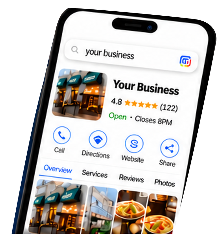 A phone displaying a generic Google Business Profile listing for Your Business
